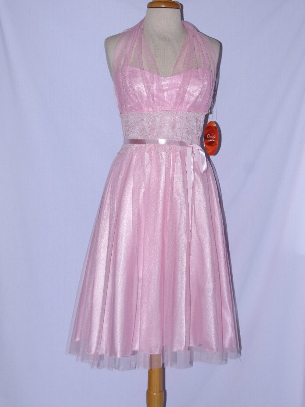 Cindy #1092 Satin and Tulle Halter Special Occasion Dress-Size L-PINK -NEW